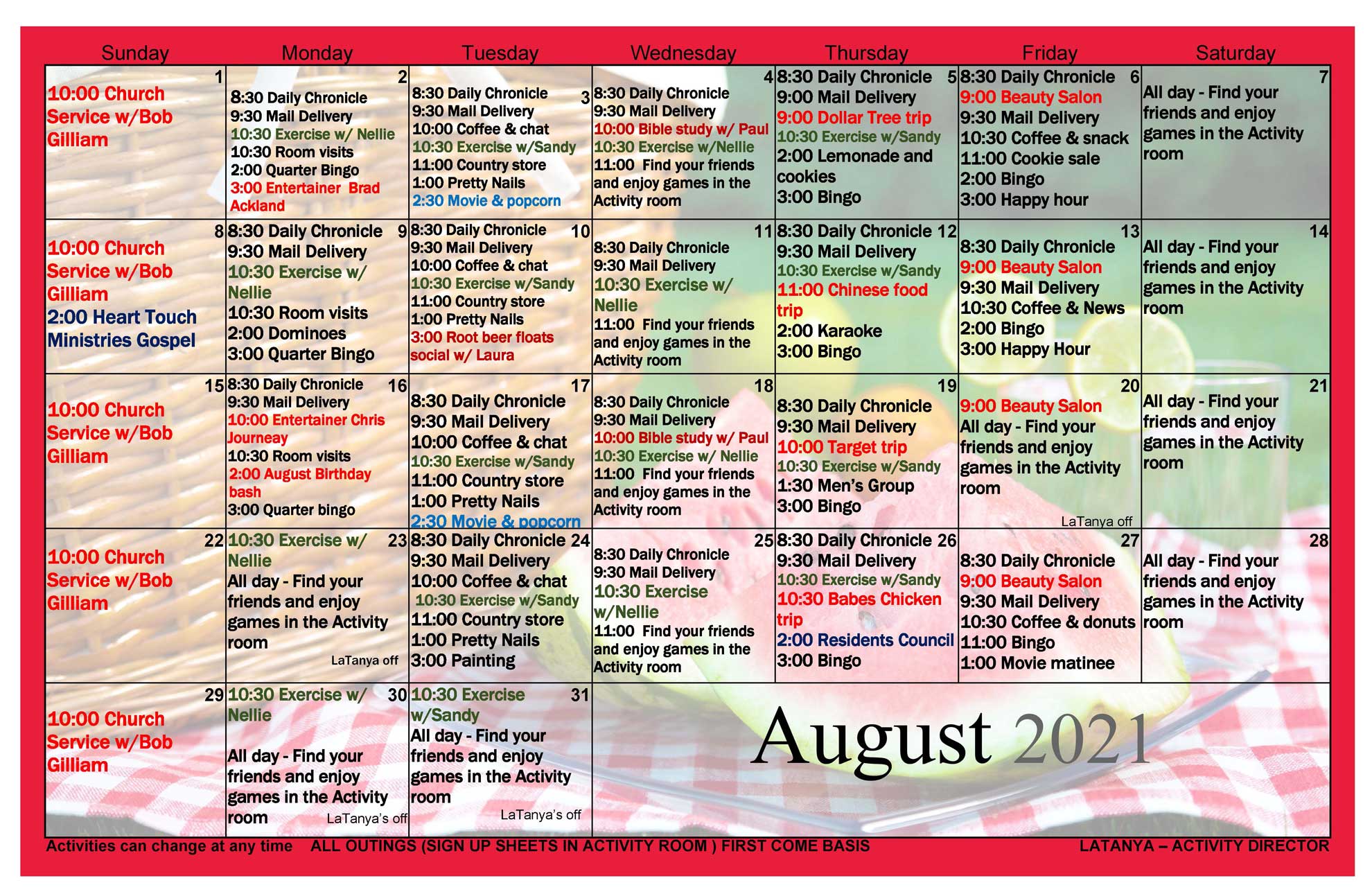 Highland Meadow Health and Rehab Rockwall August Activities Calendar