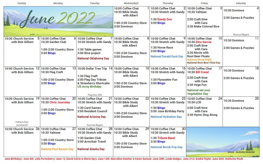 June 2022 Activities Calendar