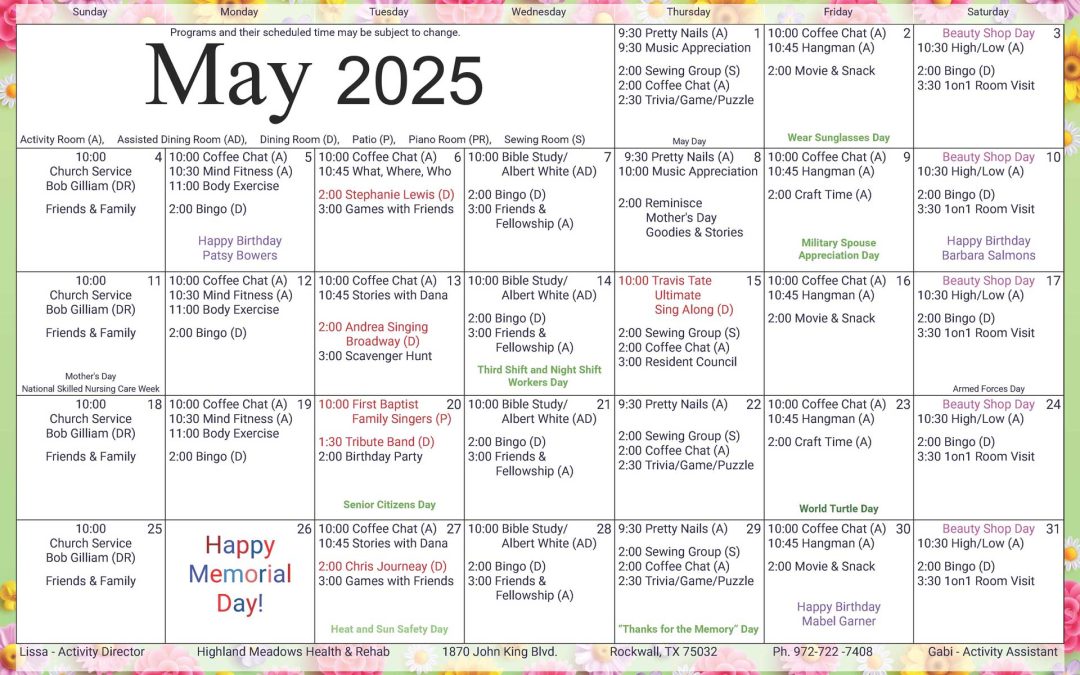 May 2025 Activities Calendar