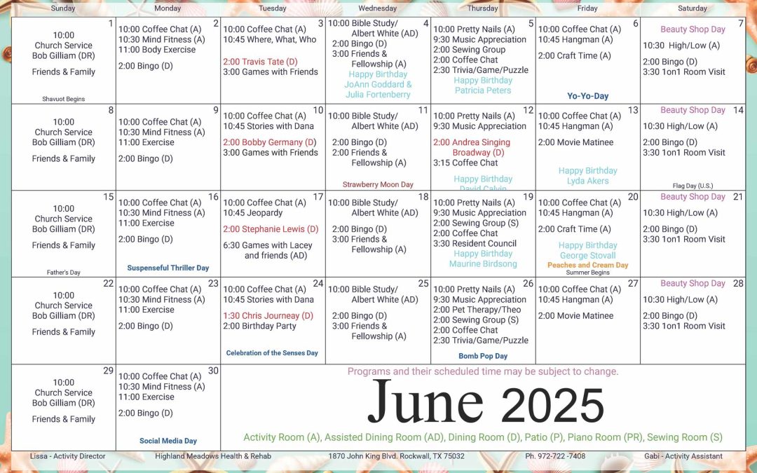 June 2025 Activities Calendar