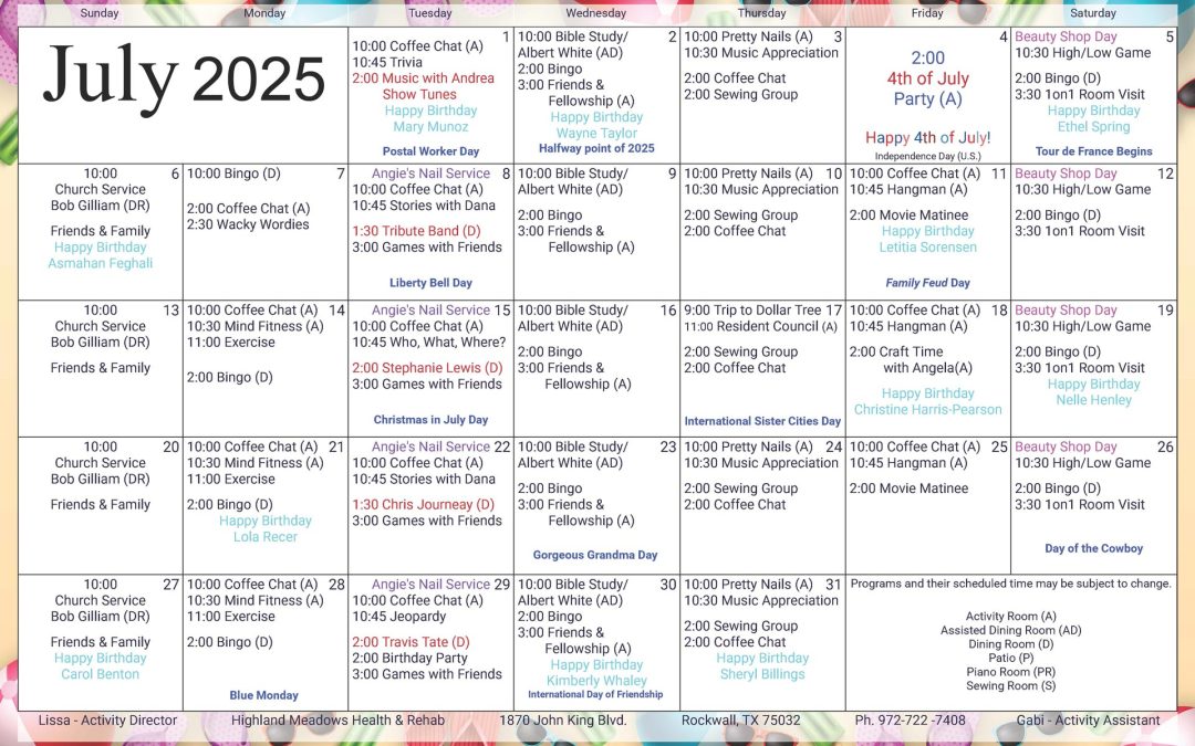 July 2025 Activities Calendar