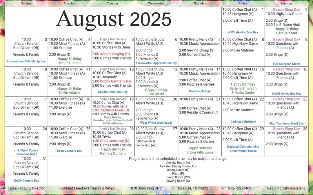 August 2025 Activities Calendar