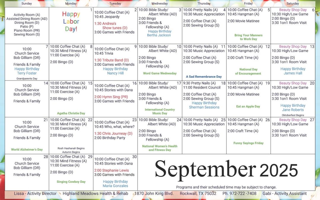 September 2025 Activities Calendar