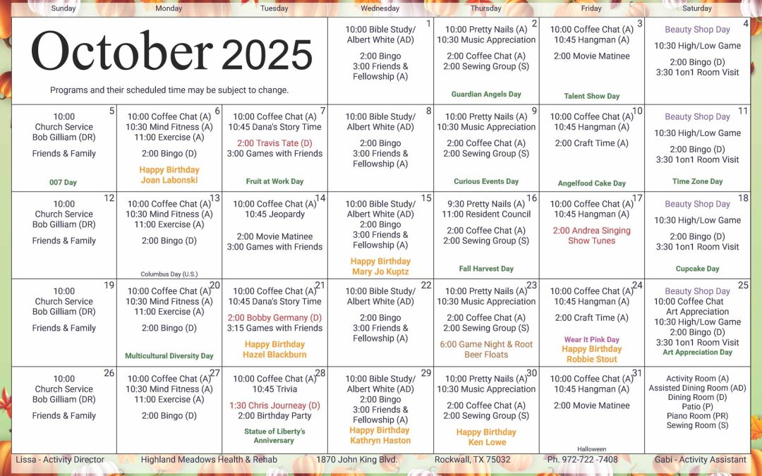 October 2025 Activities Calendar