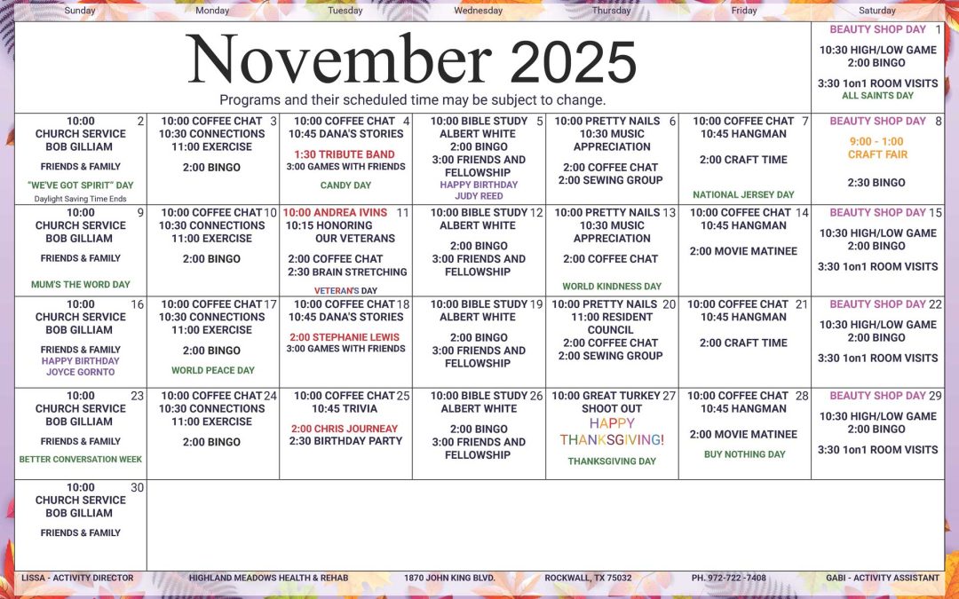 November 2025 Activities Calendar