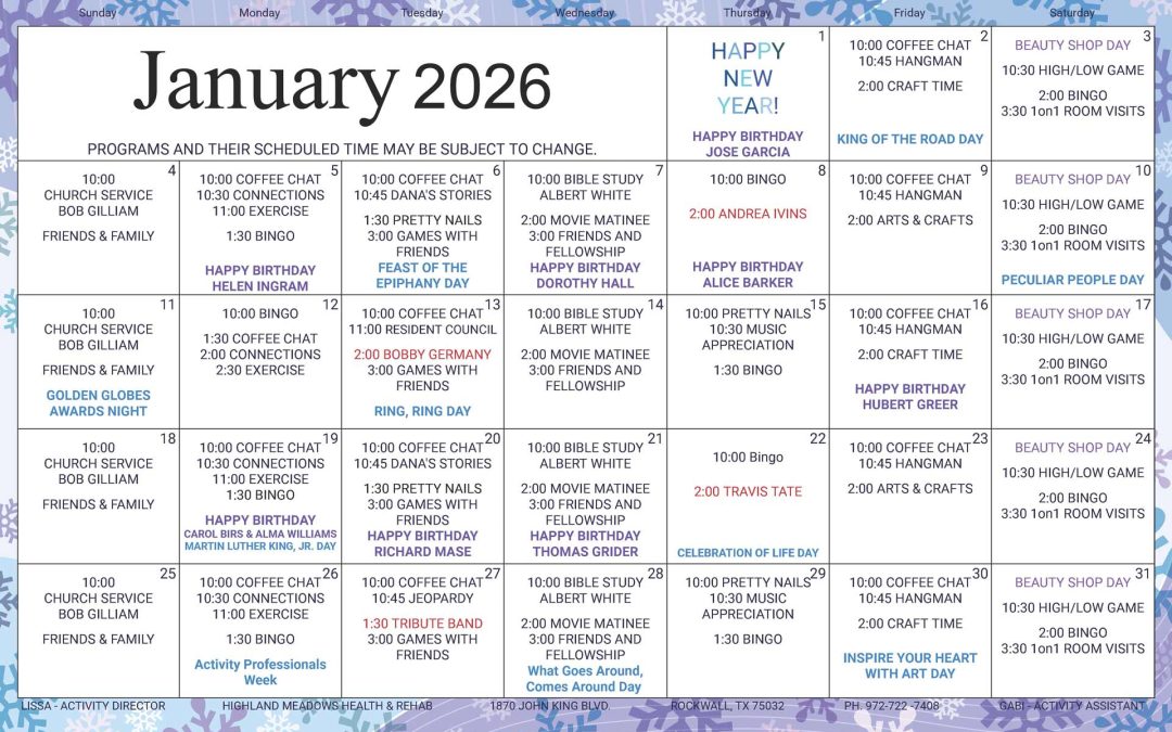 January 2026 Activities Calendar