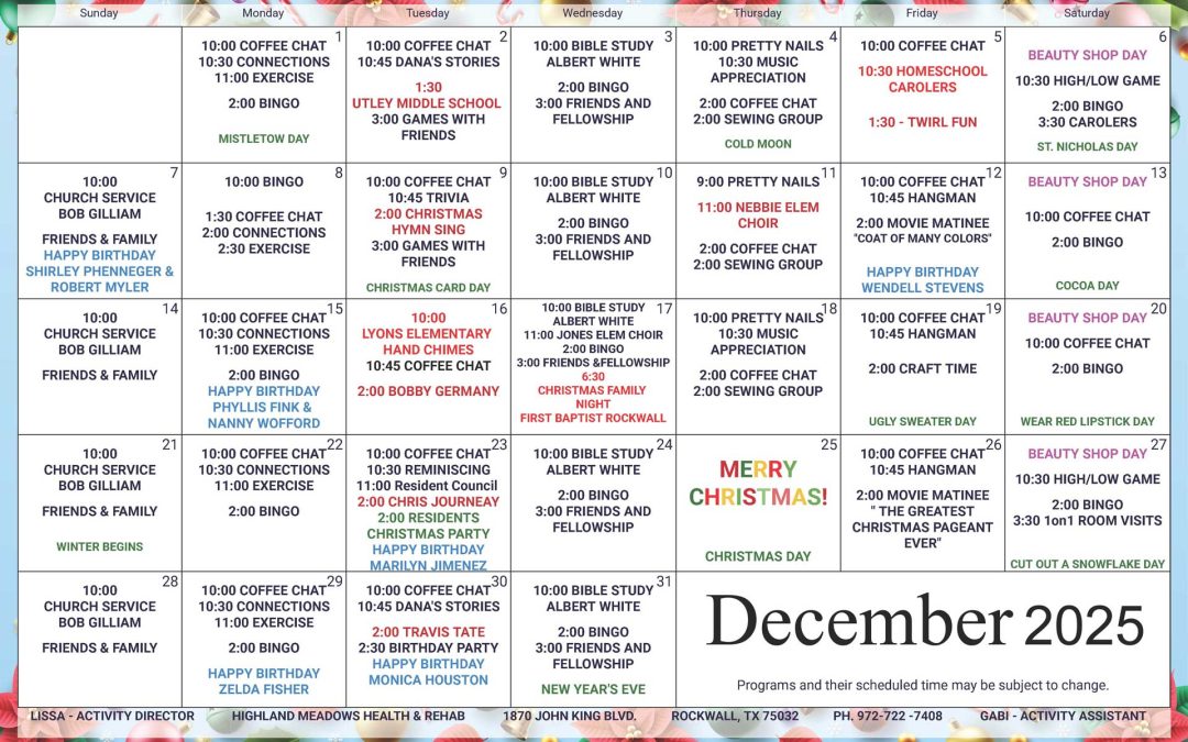 December 2025 Activities Calendar