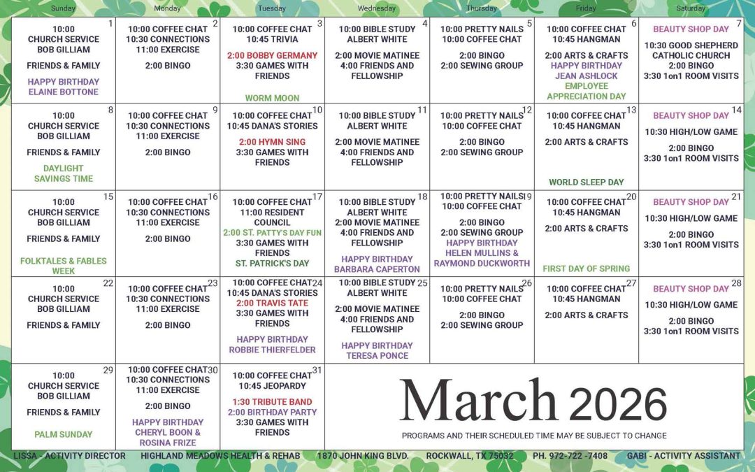 March 2026 Activities Calendar