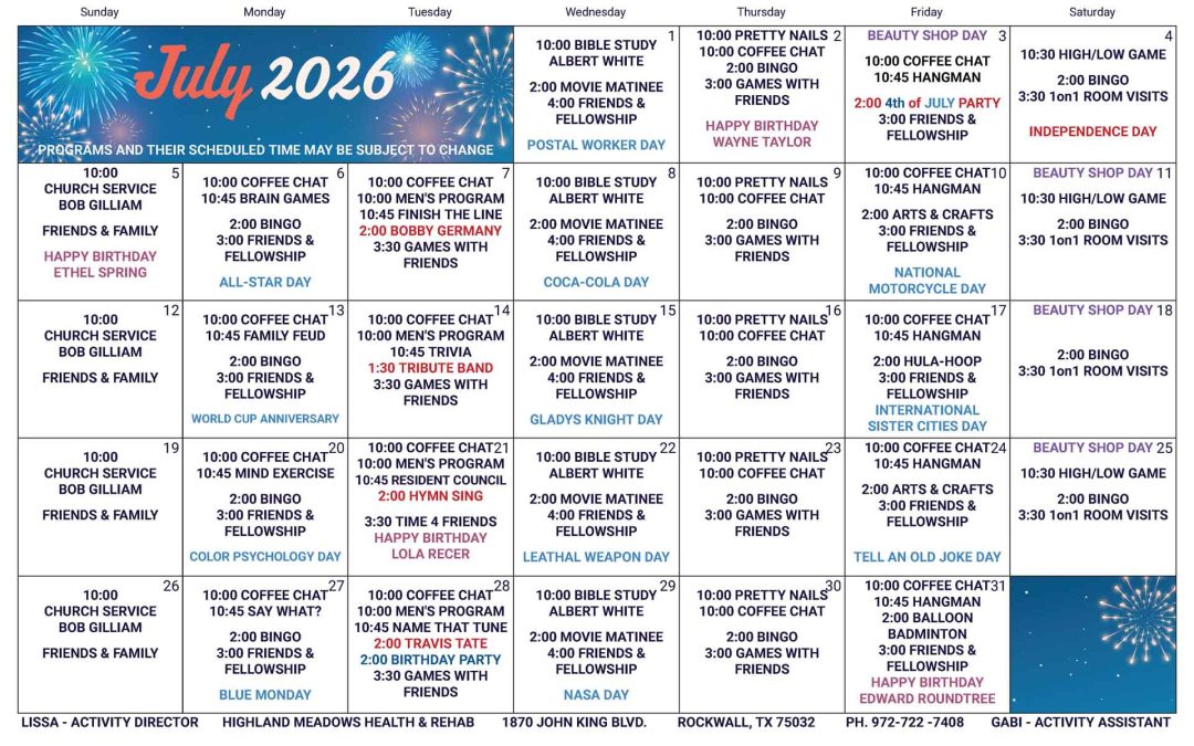 July 2026 Activities Calendar