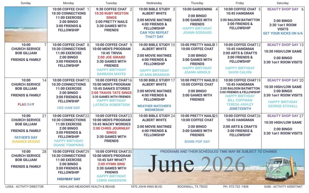 June 2026 Activities Calendar