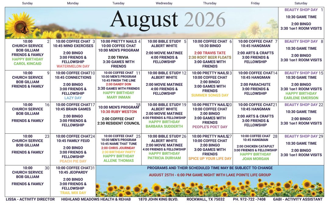 August 2026 Activities Calendar