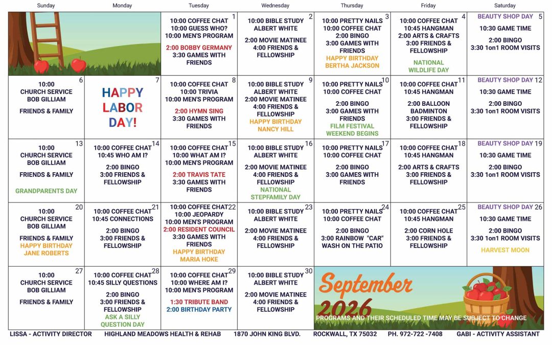 September 2026 Activities Calendar