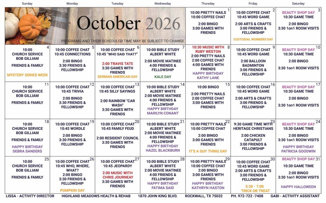 October 2026 Activities Calendar